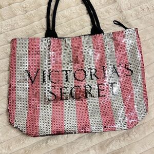 Victoria's Secret Pink and White Striped Sequin Tote
